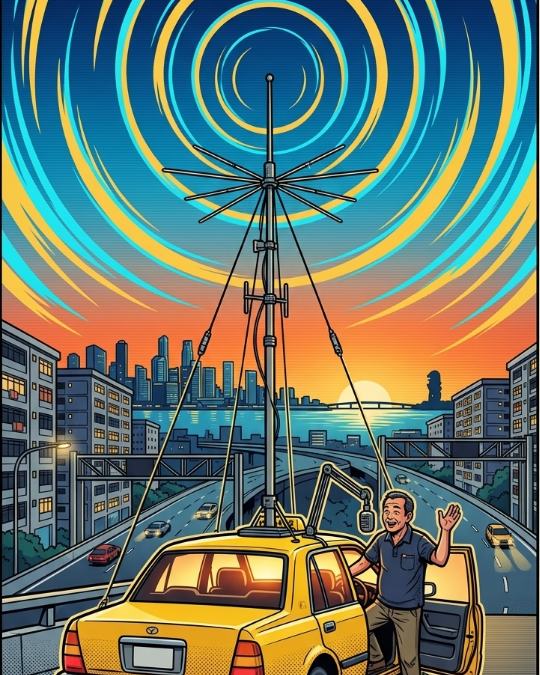 Illustration of a yellow taxi parked under a radio mast at sunset, rings of broadcast signal spreading across the sky
