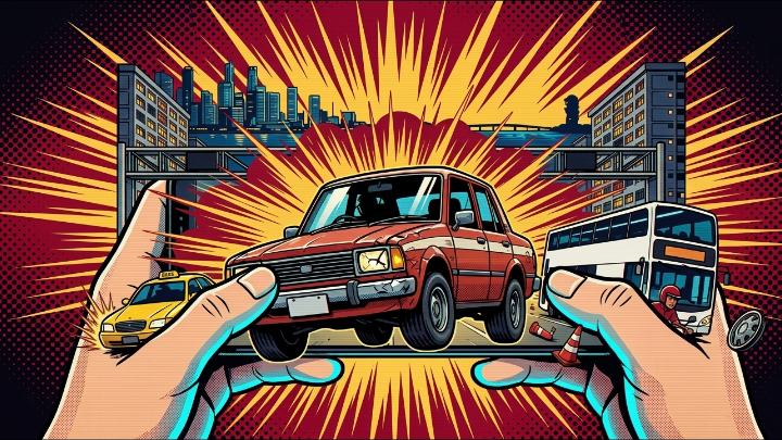 Illustration of two hands holding a phone, with the game's battered red saloon bursting out of the screen
