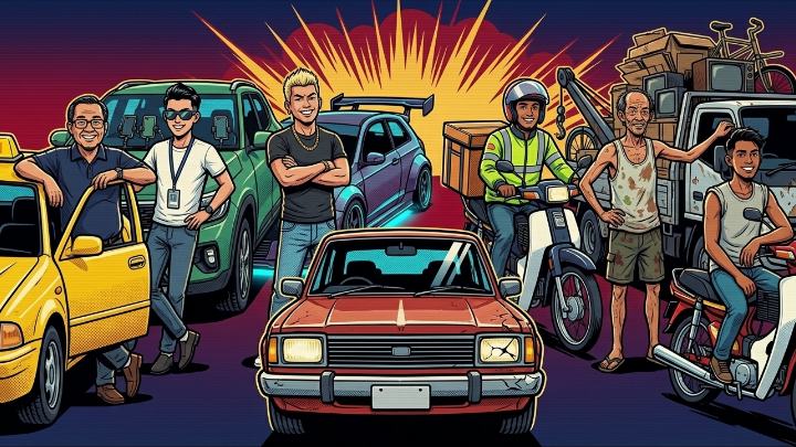 Illustration of the game's cast lined up behind the red saloon: the taxi uncle, DEXTER, an Ah Beng, a delivery rider, the Karang Guni King and a kapcai rider