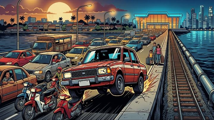 Comic illustration of the red saloon wedged in Causeway traffic among motorbikes