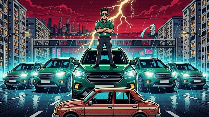 Comic illustration of DEXTER standing on the bonnet of one of his identical cars in the rain