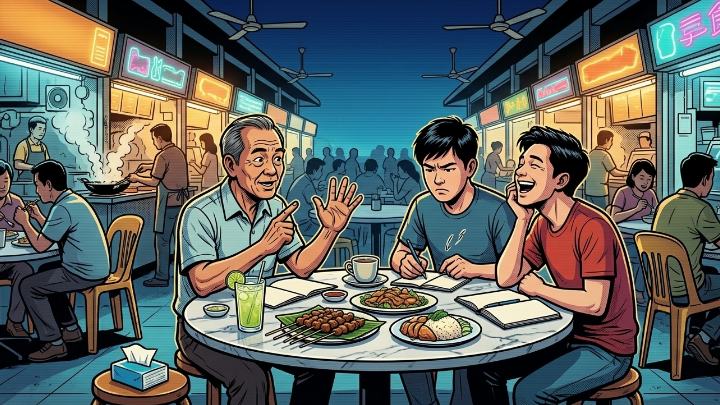 Illustration of the taxi uncle explaining something very seriously at a hawker centre table, while one young man frowns over his notebook and the other laughs, satay and a packet of tissues on the table
