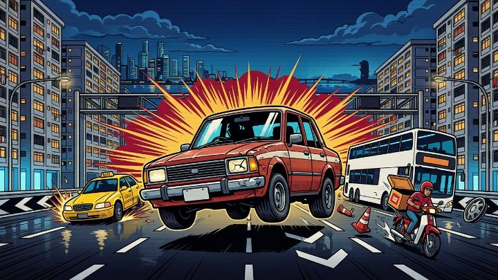 Key art: the battered red saloon leaping off the road between HDB blocks, a taxi, a double-decker bus and a delivery rider scattering around it
