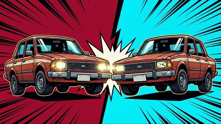 Illustration of two identical red saloons crashing head to head, one against a red background and one against cyan