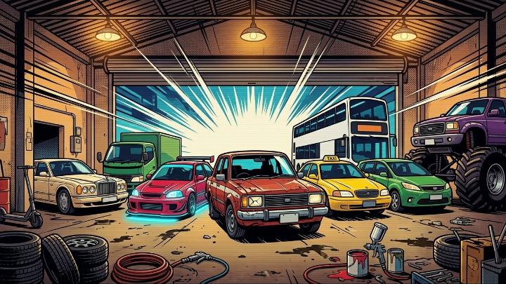 Illustration of a garage workshop lined with the game's rides: the red saloon, a Civic, a lorry, a double-decker bus and a monster truck