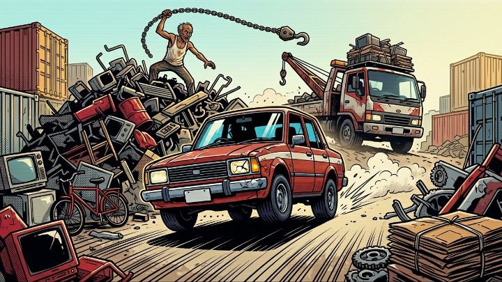Comic illustration of the Karang Guni King swinging a crane hook over his scrapyard