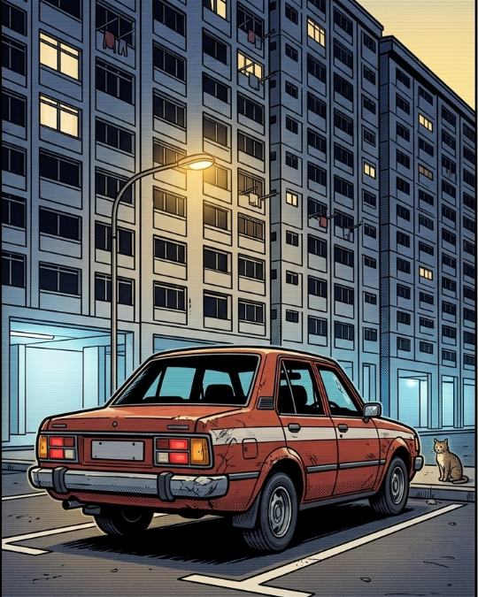 Illustration of the red saloon parked safely at the foot of an HDB block at night, a few windows still lit
