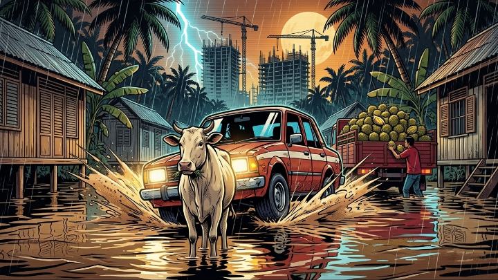 Illustration of the red saloon splashing through a flooded kampung road at night, a cow standing in its path under a stormy sky