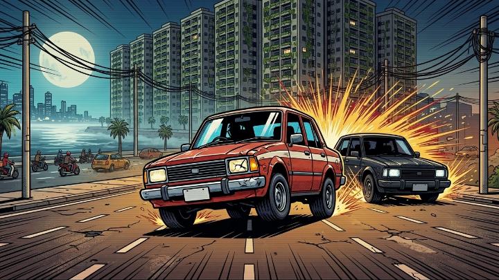 Comic illustration of a black cloned car chasing the red saloon down a dark road