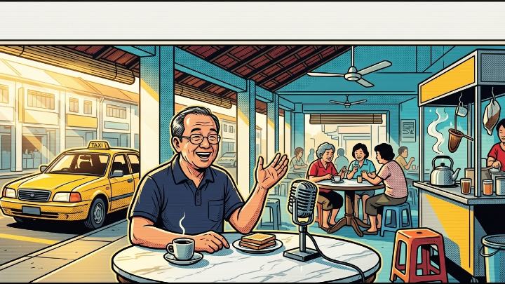 Illustration of the taxi uncle at a kopitiam table with a cup of kopi, talking into a microphone, his yellow cab parked outside