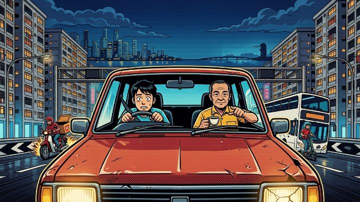 Illustration of a nervous young driver gripping the wheel of the battered red saloon while the taxi uncle, as the instructor, sips kopi in the passenger seat, a delivery rider and a bus closing in on either side