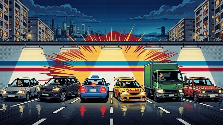 Illustration of six cars in a police line-up under hard lamps: a grey sedan, a dark crossover, a blue taxi with its brake lights on, a yellow hatchback with a spoiler, a green lorry and the red saloon
