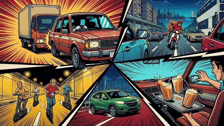 Comic-panel illustration of the bonus modes: the red saloon tailgating a lorry, a delivery rider, PMD racers, a tray of teh tarik and a queasy passenger