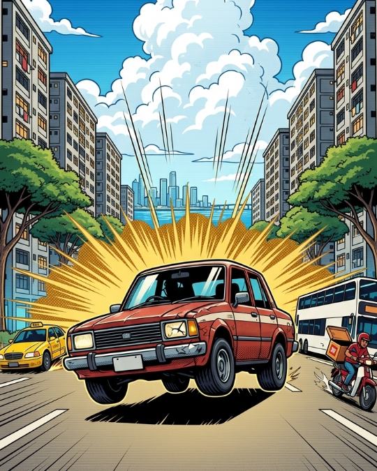 Illustration of the red saloon racing up an empty morning road between tower blocks under a bright blue sky with towering clouds