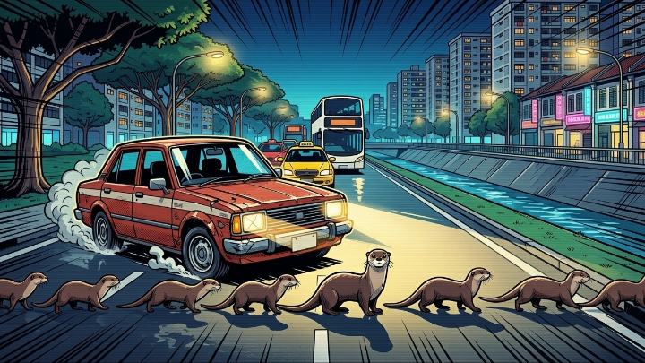 Comic illustration of a family of otters crossing the road in front of the red saloon