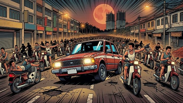 Illustration of a pack of motorbikes swarming around the red saloon on a Johor street under a red moon