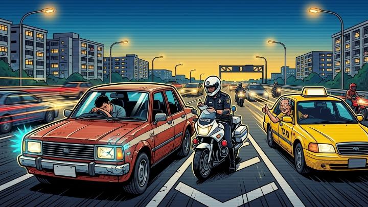 Illustration of the red saloon pulled over on an expressway at dusk, its driver slumped on the wheel beside a traffic police motorcycle, while the taxi uncle leans out of his yellow cab to watch