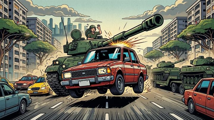 Comic illustration of a Leopard tank thundering past the red saloon in traffic