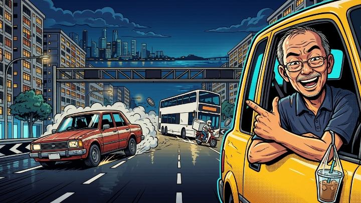 Illustration of the taxi uncle leaning out of his yellow cab, grinning and pointing, while a red saloon spins out on the road behind him