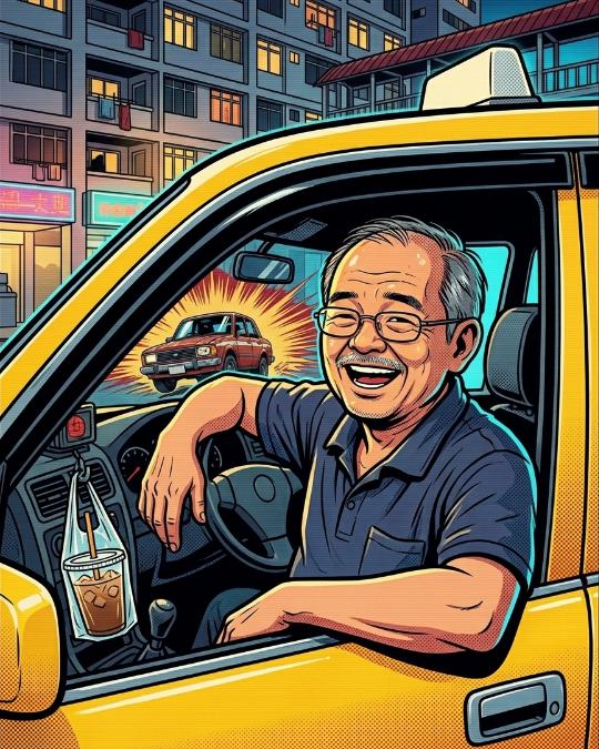 Illustration of the taxi uncle laughing as he leans out of his yellow cab, a kopi in a plastic bag hanging from the dashboard
