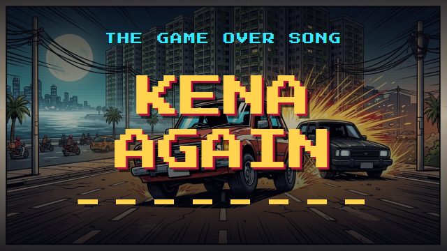 Cover art for the track Kena Again, in the game's inked arcade comic style