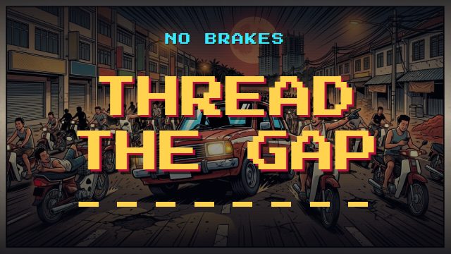 Cover art for the track Thread the Gap, in the game's inked arcade comic style