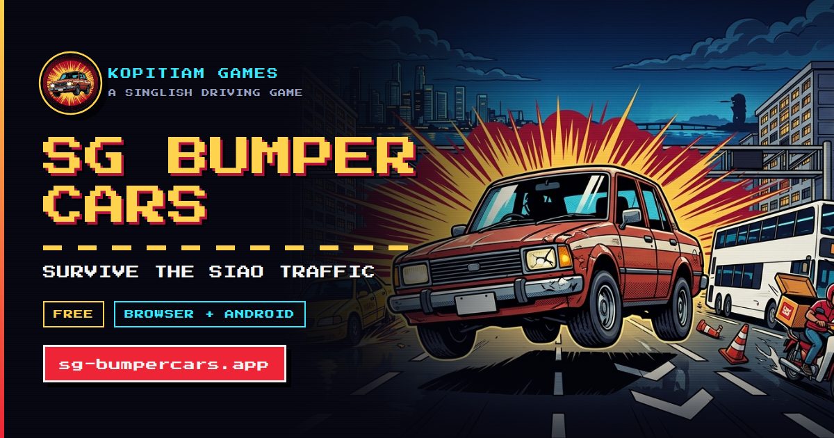 Key art: the battered red saloon bursting through Singapore traffic beside the SG Bumper Cars logo, in the game's inked arcade comic style