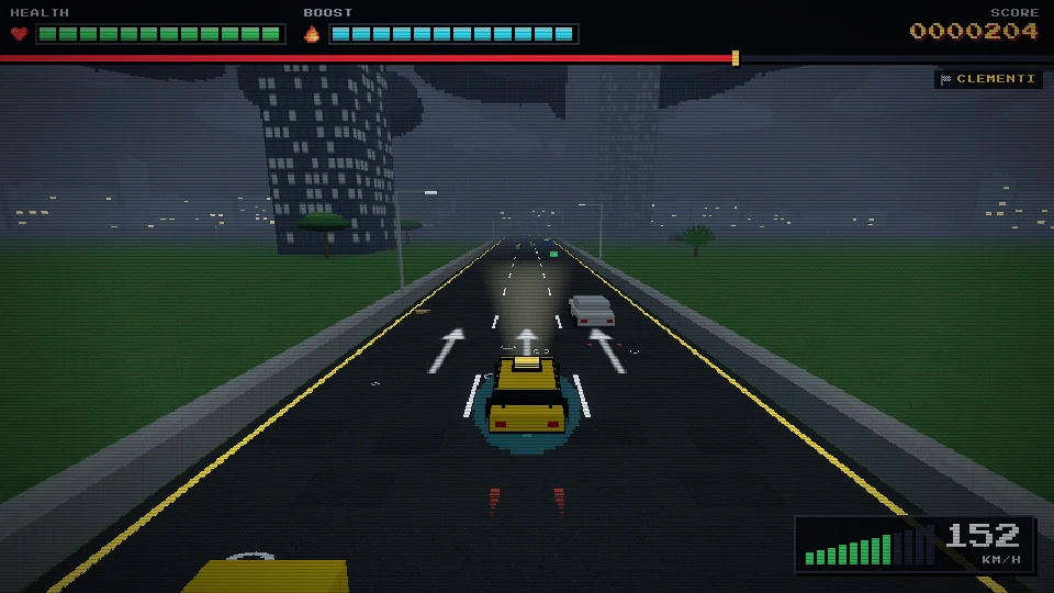 Gameplay screenshot of a road under a dark, rain-filled sky, tower blocks fading into the downpour and lane arrows painted on the wet road