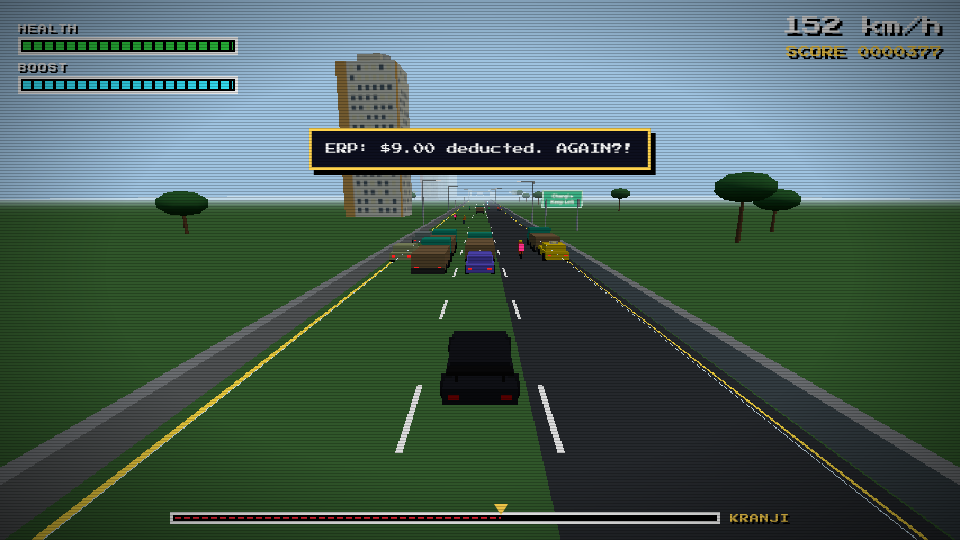 Gameplay screenshot of a wide multi-lane road on the approach to the Causeway in daylight, traffic strung out ahead under an overhead gantry