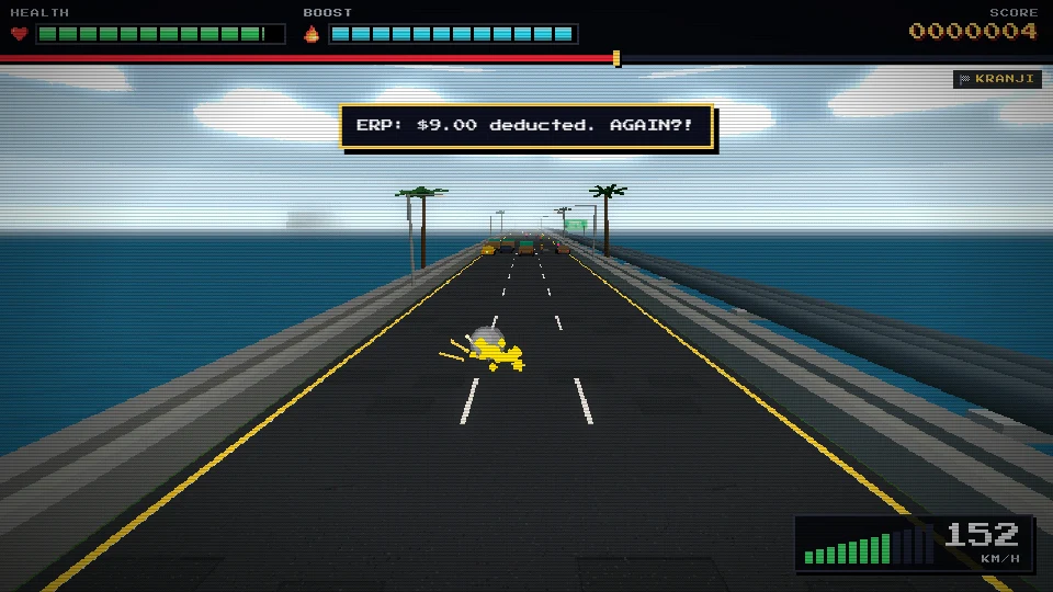 Gameplay screenshot of a road across open water in daylight, palm trees along the edge and traffic queued in the distance