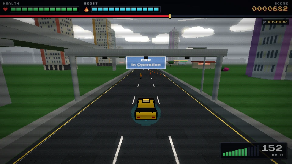 Gameplay screenshot of a heartland road under a grey, overcast sky beside an MRT viaduct and tall blocks, with the pixel HUD across the top