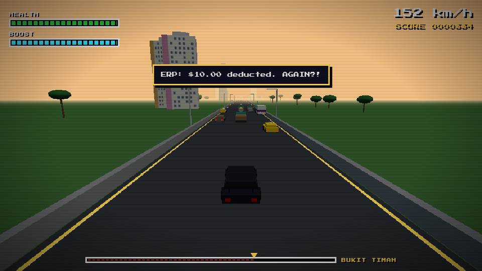 Gameplay screenshot of a three-lane expressway under a dusk sky, city blocks on the horizon and an overhead sign gantry spanning the road, drawn in the game's chunky low-resolution style