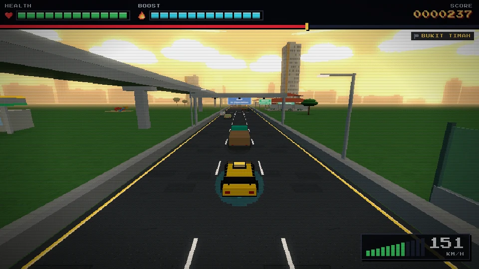 Gameplay screenshot of a three-lane expressway under a golden evening sky beside an elevated viaduct, a tower block on the horizon and traffic ahead, drawn in the game's chunky low-resolution style