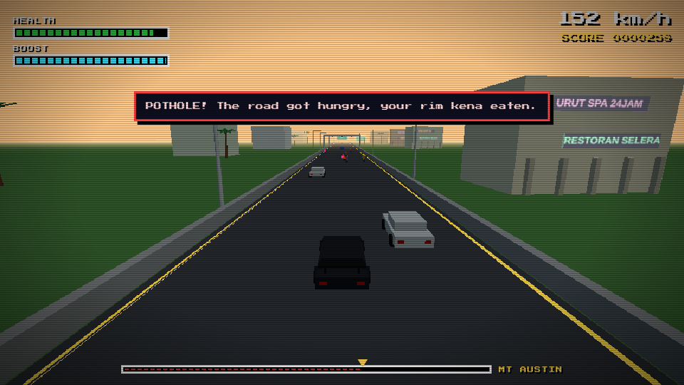 Gameplay screenshot of a Johor highway at dusk with roadside shoplot signage, the player's car on a pitted road surface