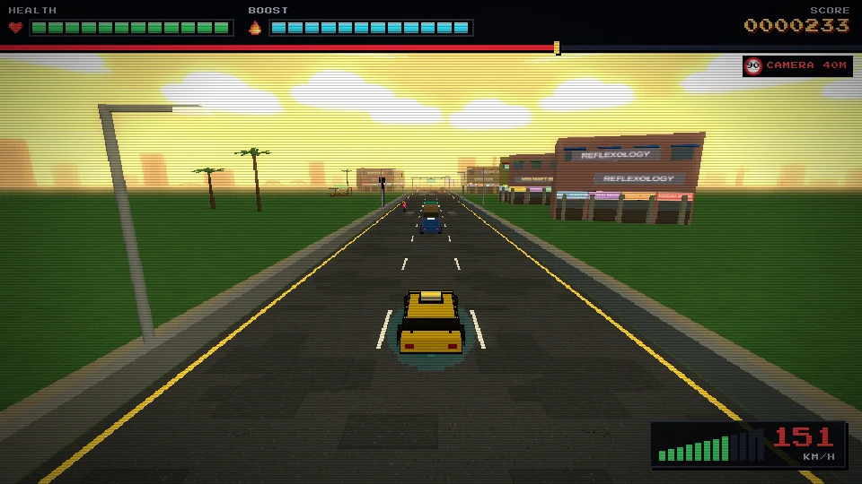 Gameplay screenshot of a Johor road at sunset lined with shoplots and palm trees, the player's car on a patched, pitted road surface