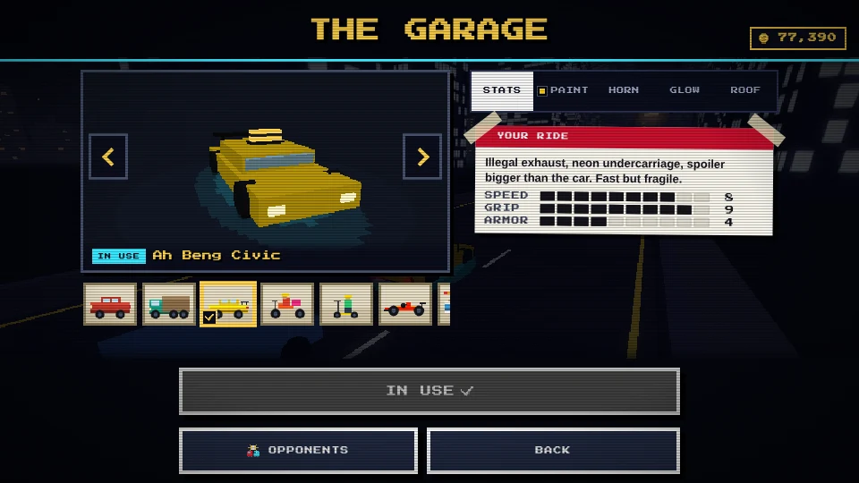The Garage screen: the yellow Ah Beng Civic on a turntable with a taxi sign on its roof and a cyan underglow, a strip of ride photos under it, and its sales card with speed, grip and armour beside it