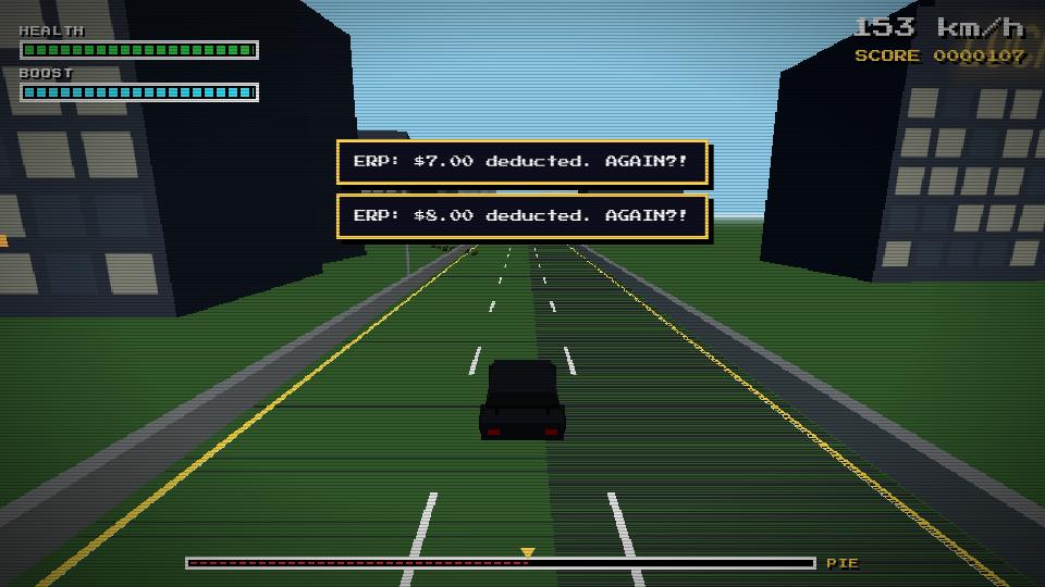Gameplay screenshot of a wide city road between dark office towers, with two stacked yellow-bordered toast messages reading that seven and eight dollars have been deducted at ERP gantries