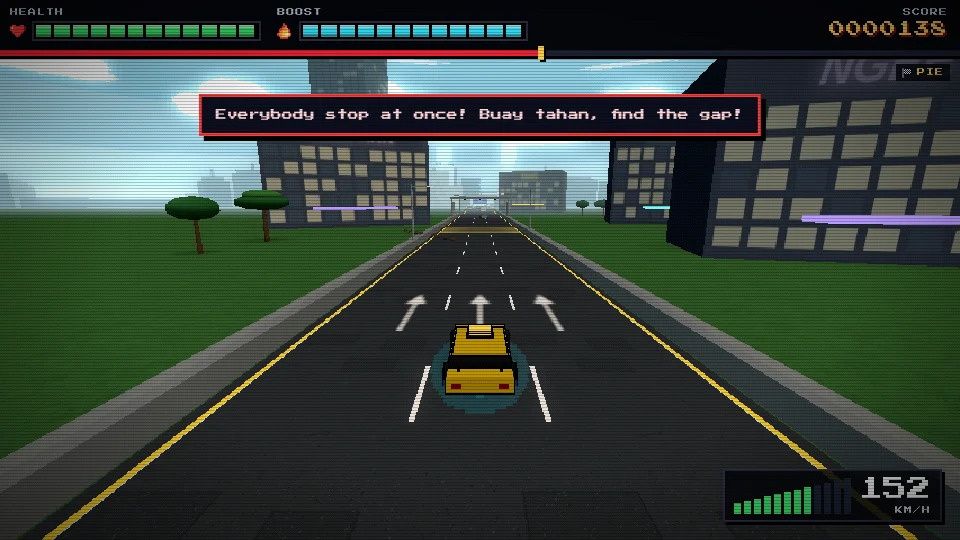 Gameplay screenshot of a three-lane city road between tall blocks under a blue morning sky