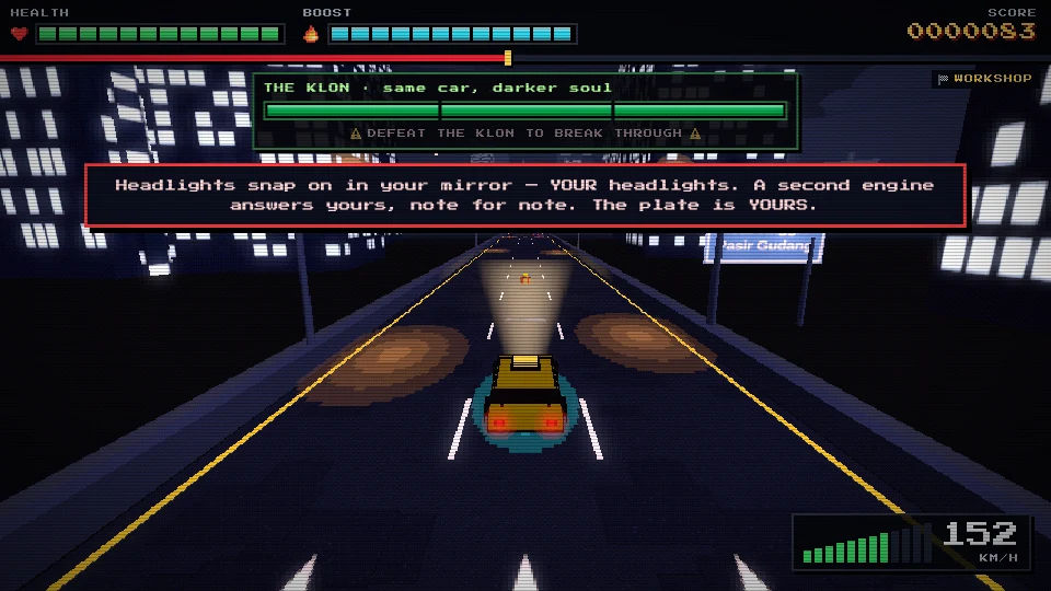 Gameplay screenshot of the final level at night: lit tower blocks on both sides of a dark highway, a blue Malaysian direction sign, and a story caption box across the top of the screen