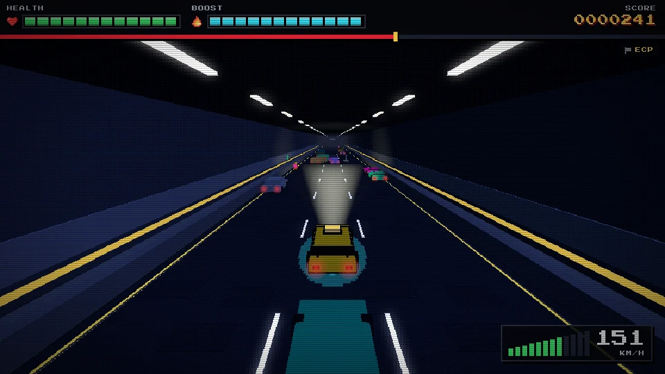 Gameplay screenshot inside the KPE tunnel: a dark concrete tube lit by strips of ceiling lights, yellow kerb lines converging on traffic far ahead