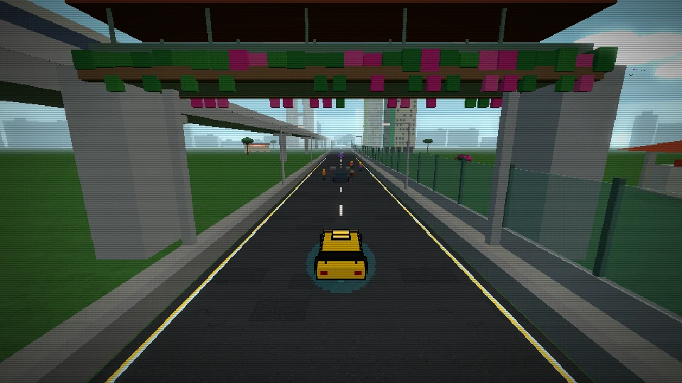 The same frame as the game draws it: a sunny heartland road beside an MRT viaduct and painted HDB blocks, with the player's yellow car in the centre lane