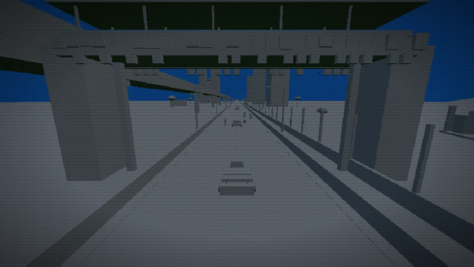 A frame of Level 1, Yishun Heartlands, with every surface in plain grey: the road, the kerbs, the MRT viaduct, the blocks and the cars are simple boxes and cylinders against a flat blue sky