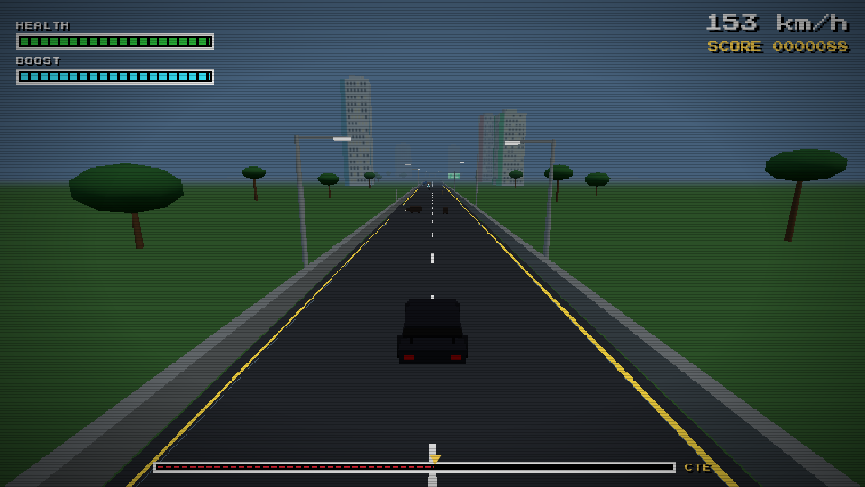 Gameplay screenshot of a quiet two-lane road at dusk lined with round-canopy trees and grass verges, distant tower blocks on the skyline, and a progress bar along the bottom of the screen
