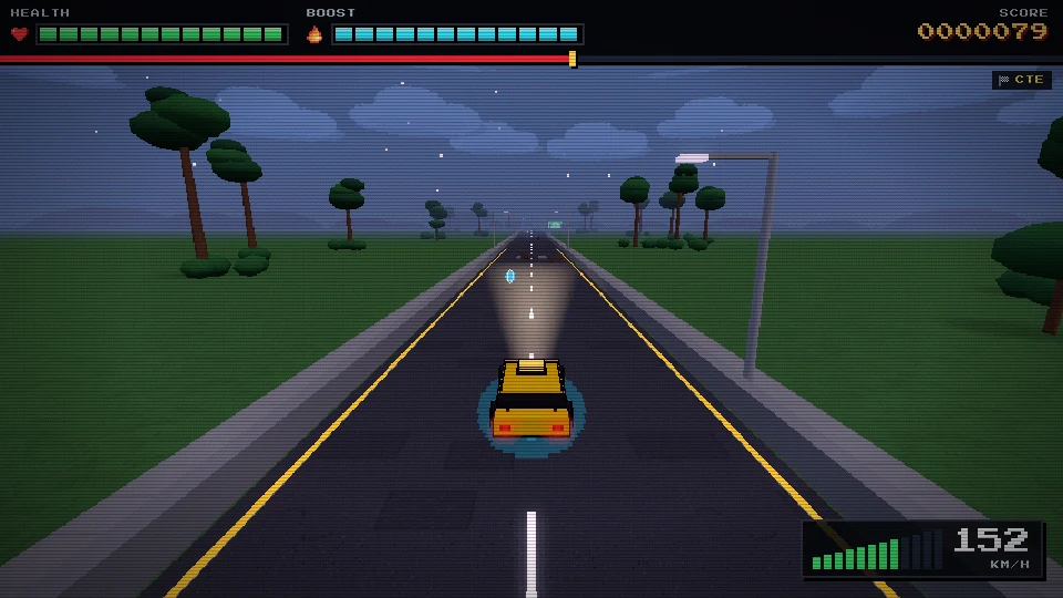 Gameplay screenshot of a quiet two-lane road at dusk lined with round-canopy trees and grass verges, the car's headlights lighting the road ahead