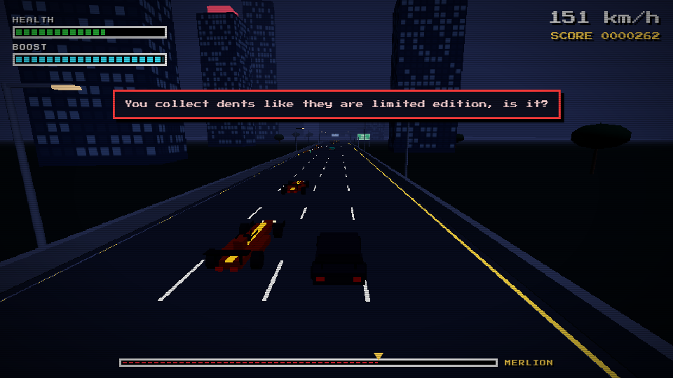 Gameplay screenshot of a dark city road at night flanked by lit tower blocks, with the player's car in the centre lane