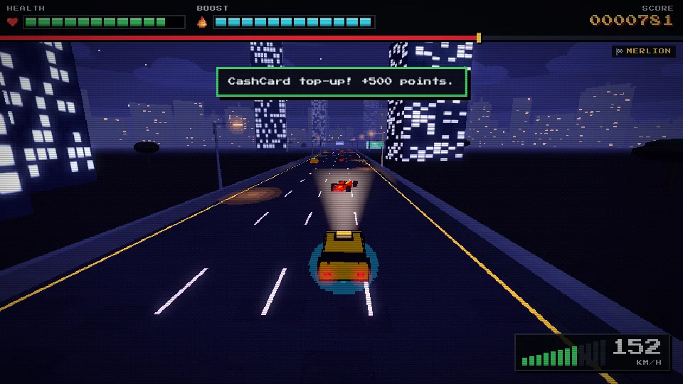 The Marina Bay circuit at night in SG Bumper Cars: the player's car on a four-lane road between lit city towers, headlights on, with the score HUD above