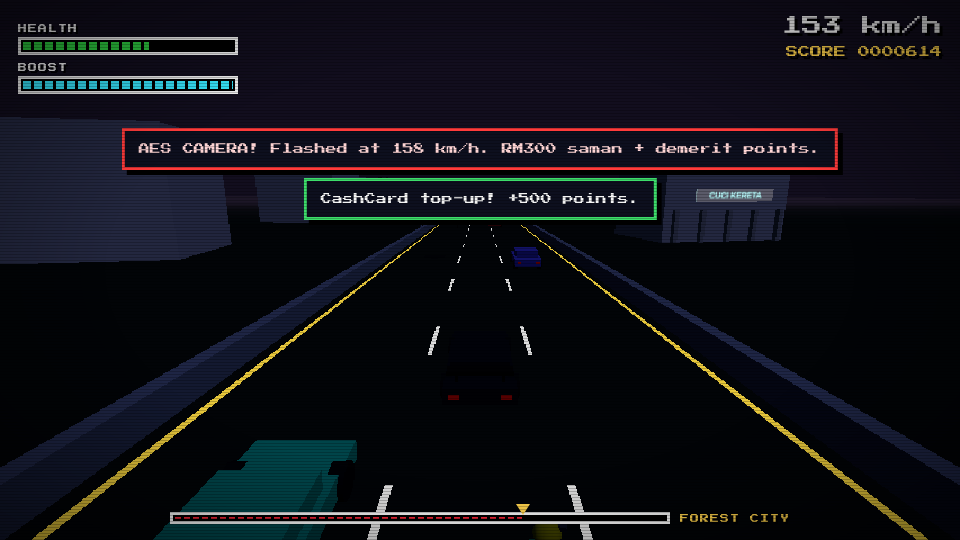Gameplay screenshot of an unlit highway at night on the final approach to Forest City, with the pixel HUD and warning banners across the top of the screen