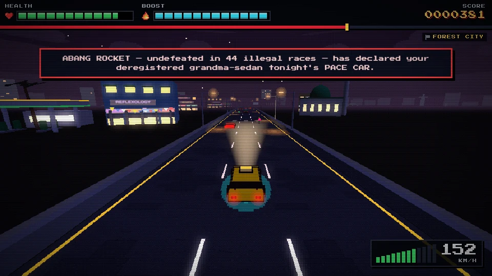 Gameplay screenshot of a highway at night on the final approach to Forest City, lit by street lamps and the city beside it, with the pixel HUD and a warning banner across the top of the screen