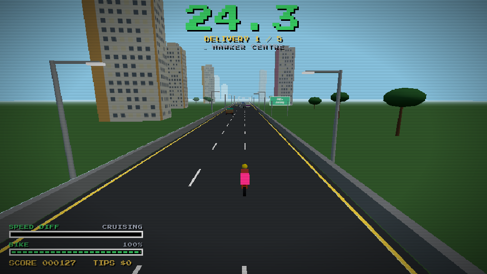 The Lane Splitting HUD: a countdown clock at the top above the delivery number and its destination, with speed-difference and bike-condition meters at the bottom left beside the running score and tips