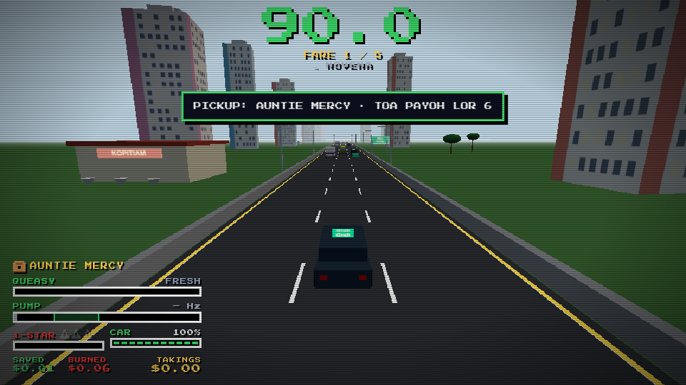 The Mabuk Express HUD: the passenger's name at the bottom left above queasy and pump meters, a one-star and car-condition pair, and running totals for money saved, burned and taken